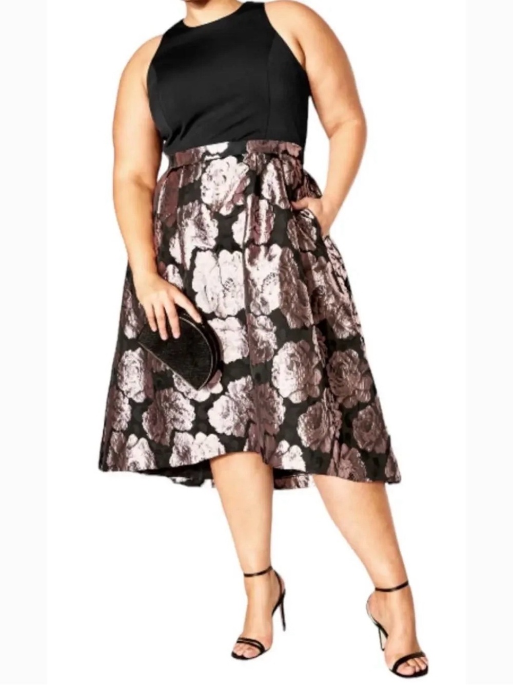 City Chic - Beatrice Dress - Plus Size (S/16) - Black and Rose Gold Floral Midi